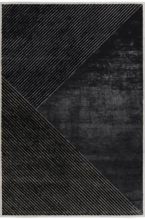 Hand-Knotted Black Striped Viscose / Wool Rug