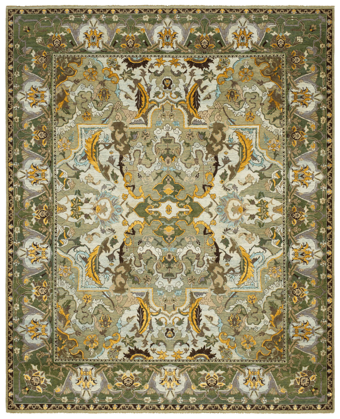 Oriental Polonaise Hand-Knotted Green Rug