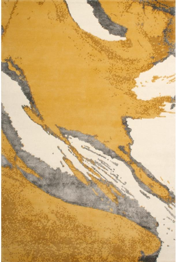 Abstract Yellow Wool / Viscose Hand-Knotted Rug