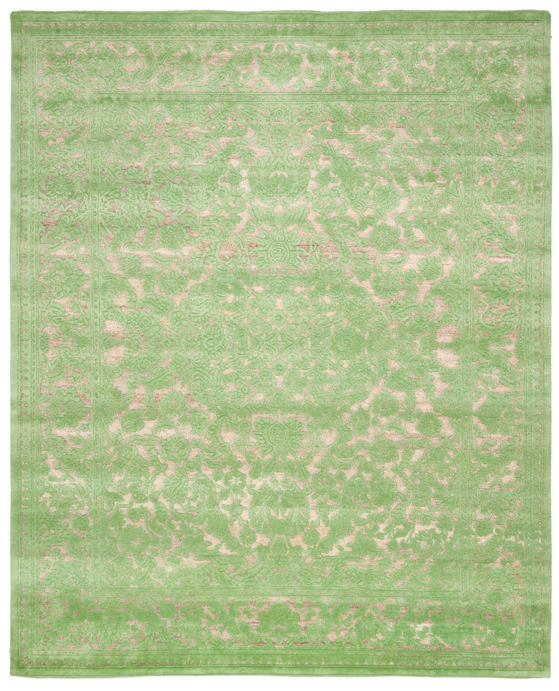Medallion Hand-Knotted Embossed Green Rug