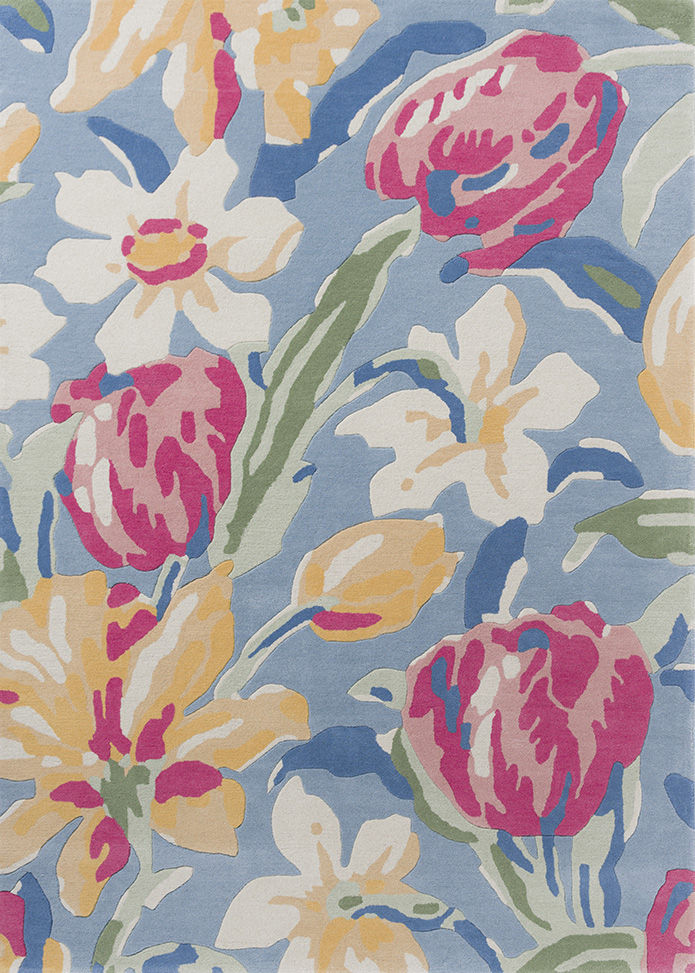 Tulips Blue Handwoven Rug ☞ Size: 4' 7" x 6' 7" (140 x 200 cm)