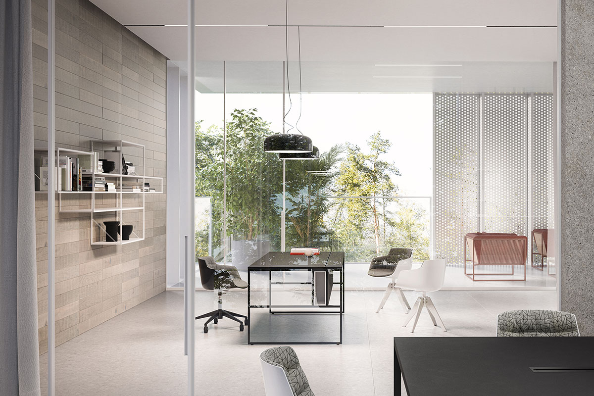 Venti Single Office Elegant Desk ☞ Structure: Matt Painted Graphite Grey X054 ☞ Top: Fenix Matt White X020 ☞ Dimensions: Width 200 cm