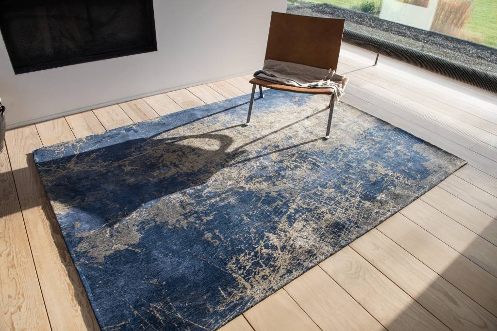 Cotton Abstract Belgian Blue Rug ☞ Size: 2' 7" x 5' (80 x 150 cm)