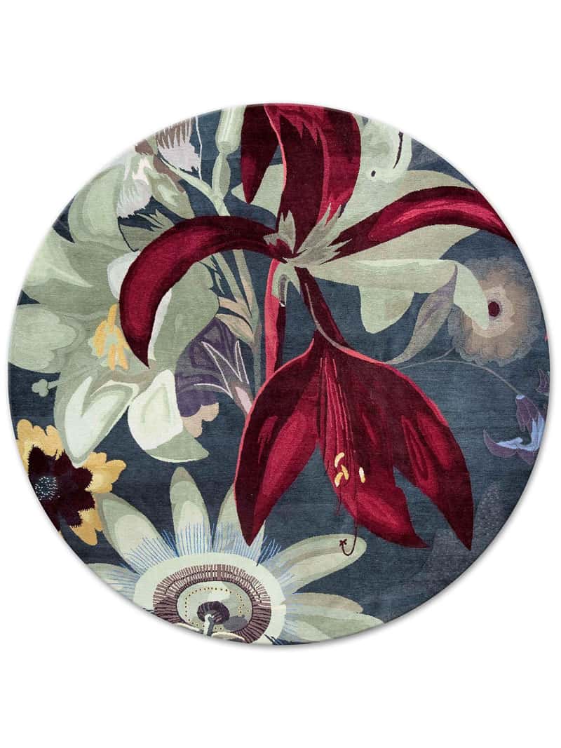 Red Flower Round Luxury Handmade Rug