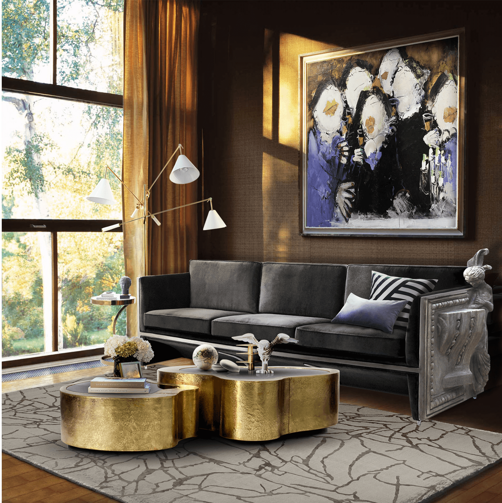 Crest Hammered Brass Coffee Table Set