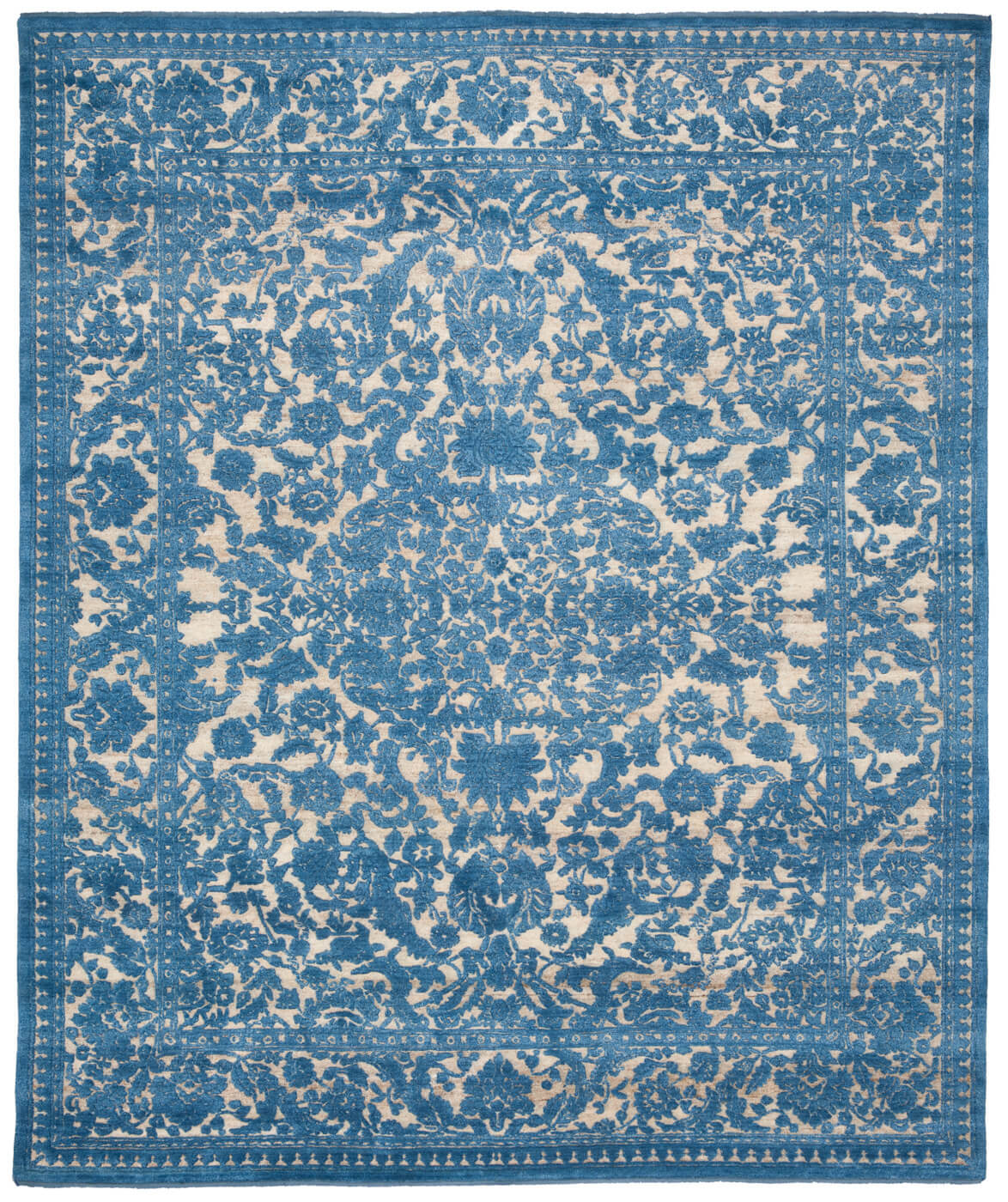 Medallion Hand-Knotted Embossed Blue Rug