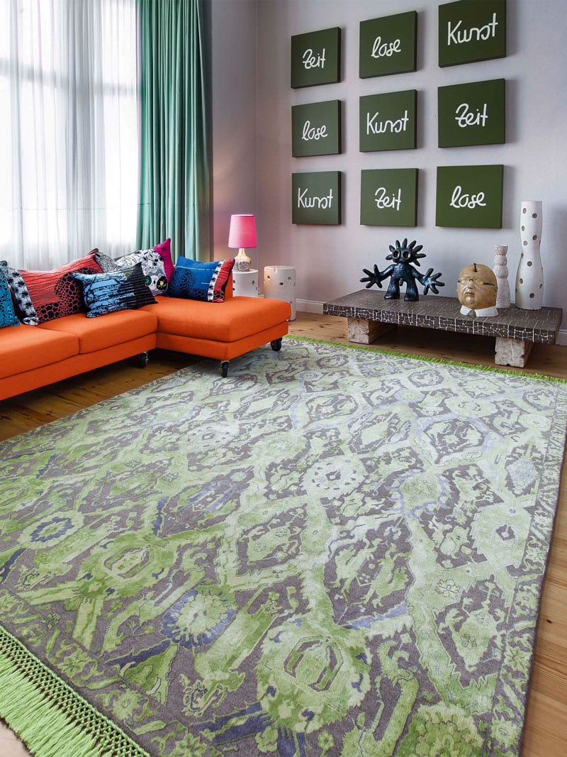 KavaBagh Green Hand-Woven Rug ☞ Size: 183 x 274 cm