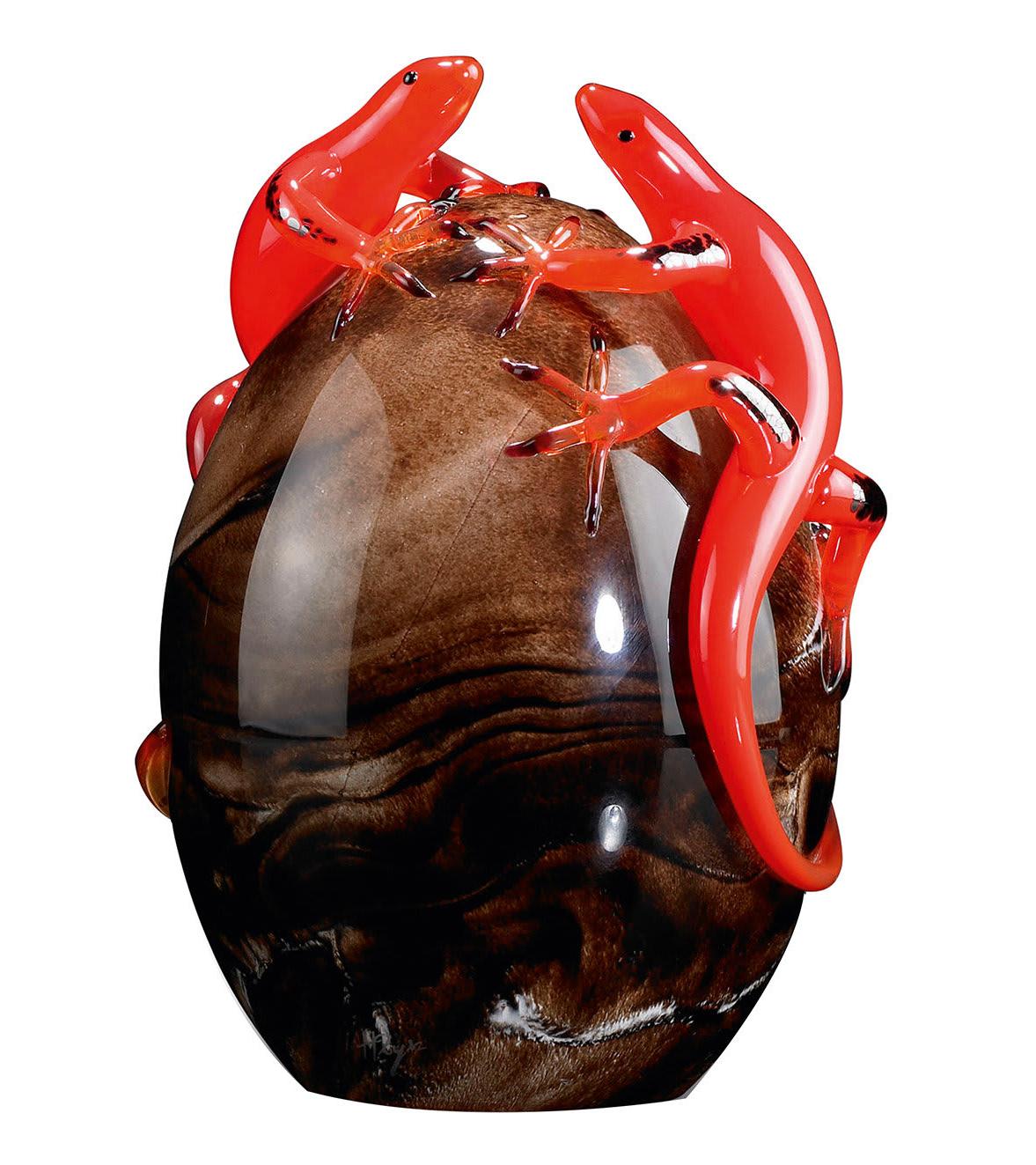 Dark Glass Egg with Red Geckos