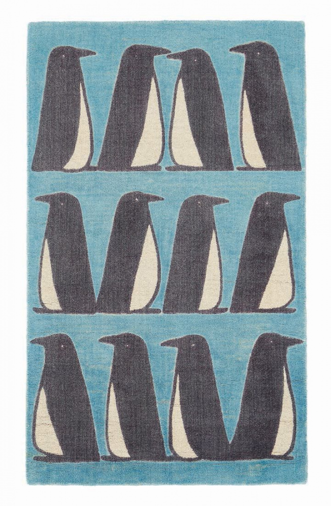 Penguins Turquoise Handloom Wool Rug