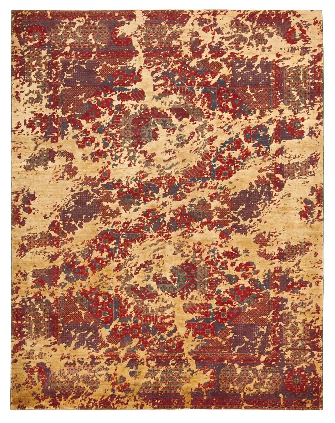 Red Yellow Hand Knotted Wool & Silk Rug
