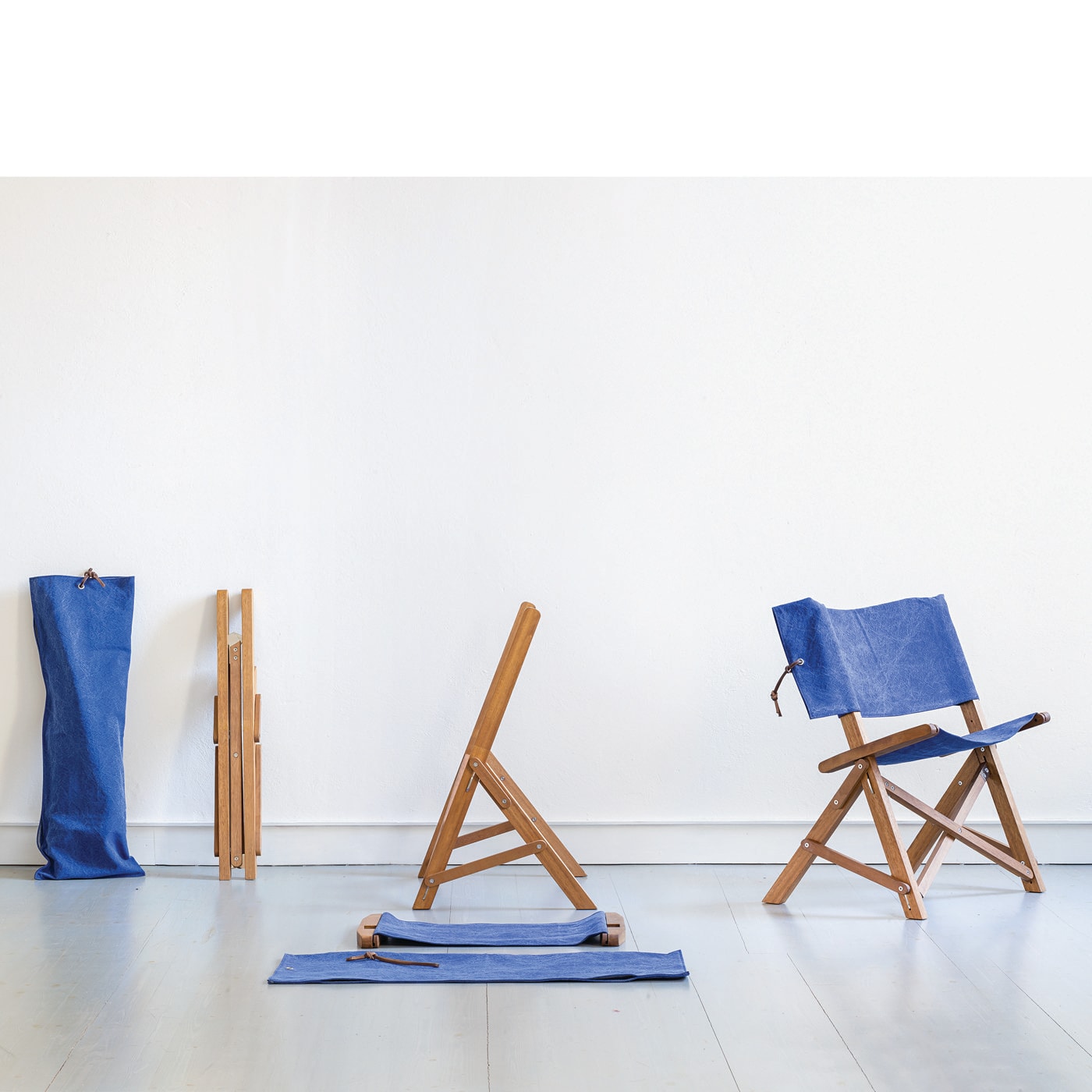 Dino Blue Folding Chair ☞ Base: Iroko Wood