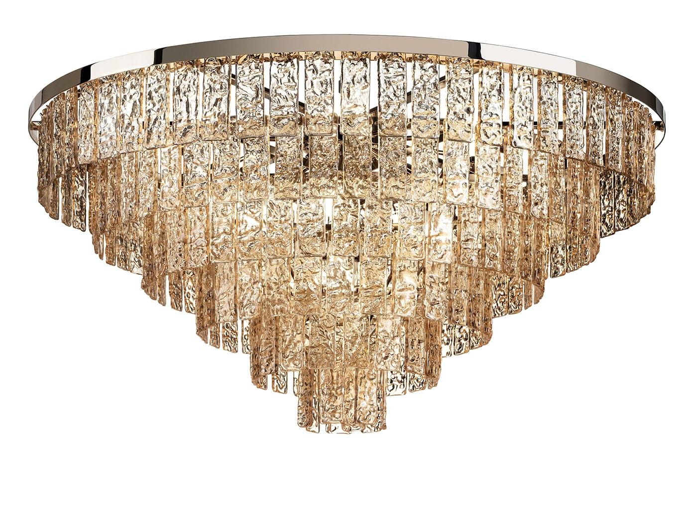 Round Chandelier with Amber Glass and Gold Finish