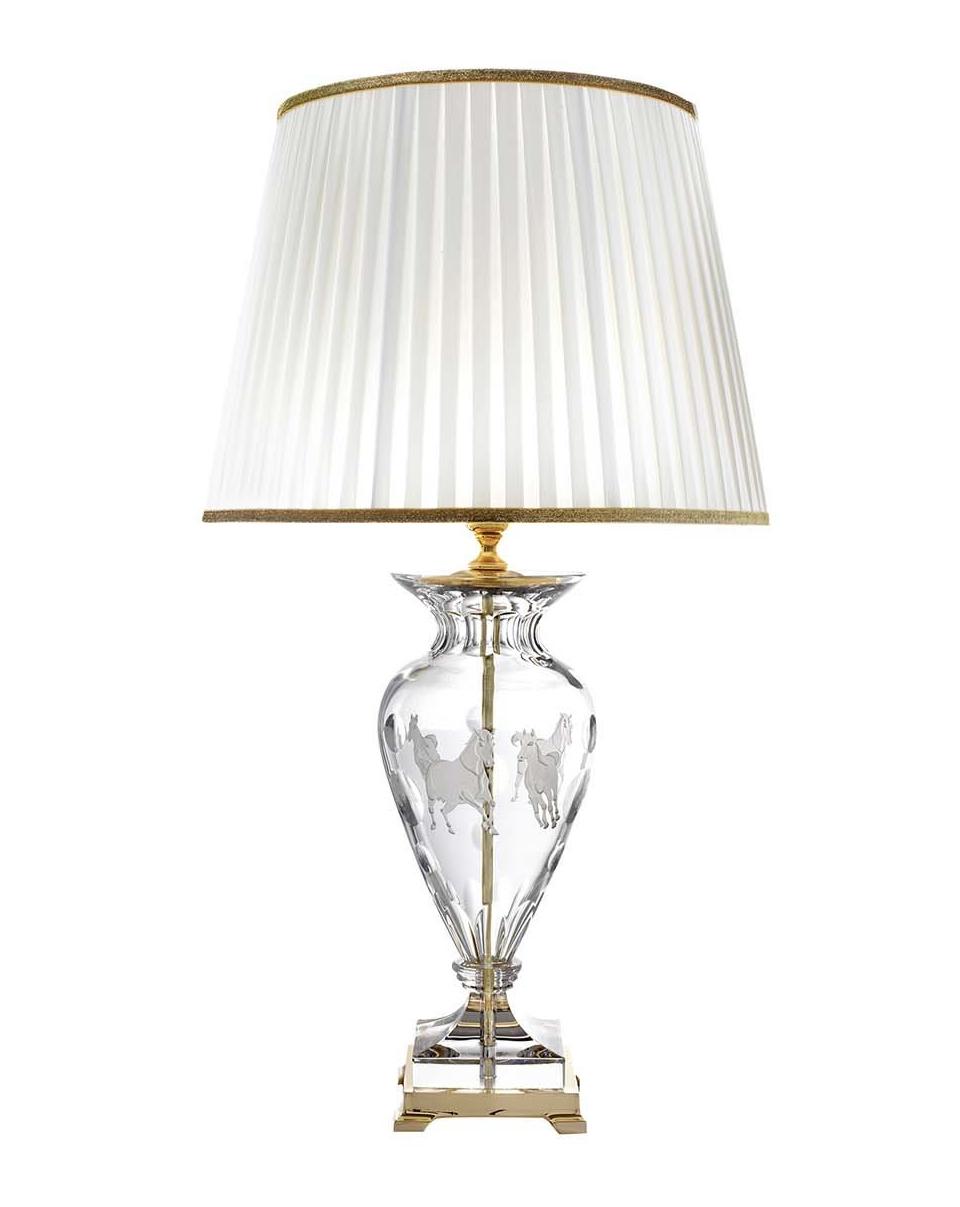 Polished Gold Table Lamp with Engraved Horse Crystal