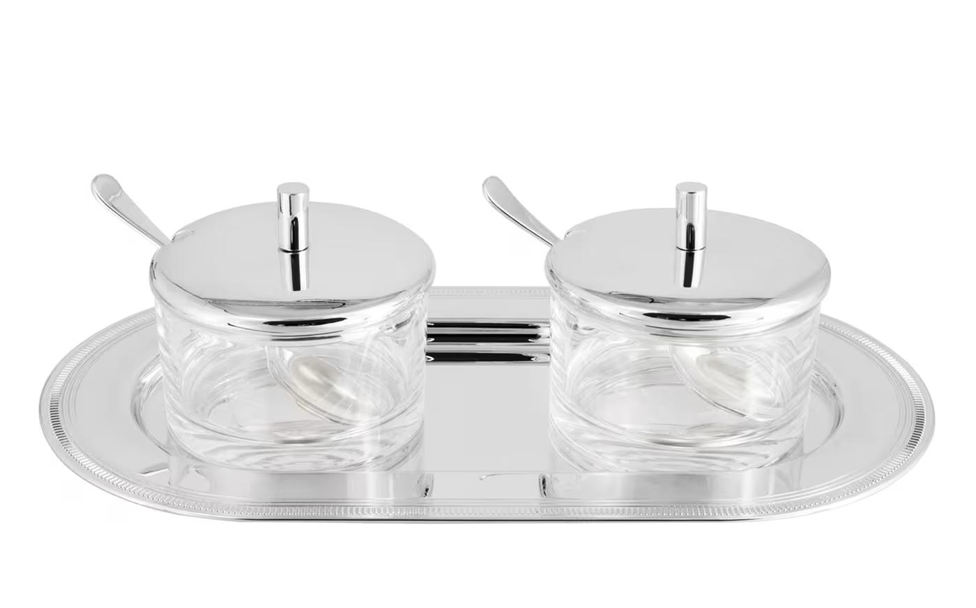Silver Jam Pot Duo with Serving Tray