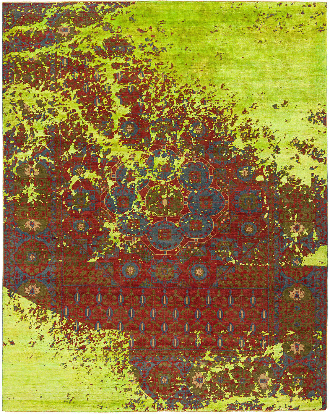 Green Red Hand Knotted Wool & Silk Rug