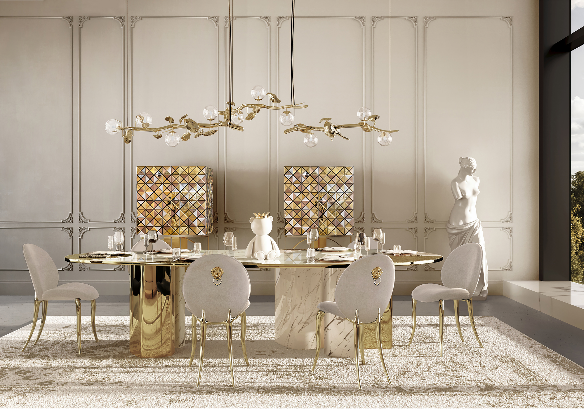 Athena Carrara Marble & Gold Dining Table