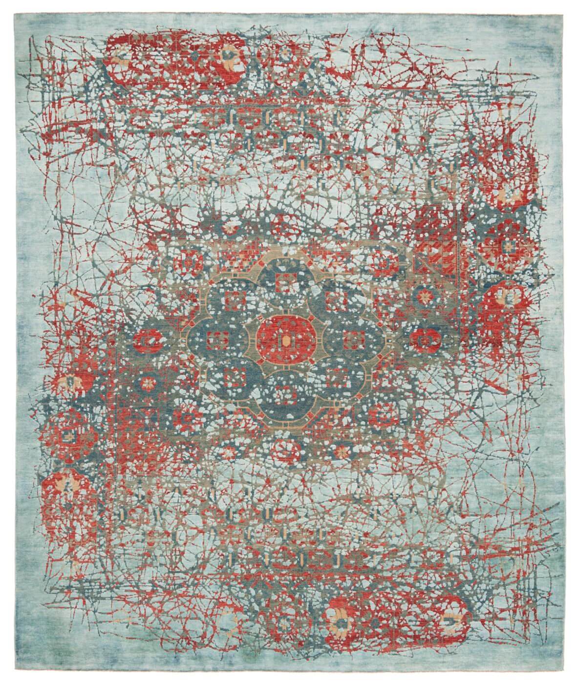 Blue Red Hand Knotted Wool & Silk Rug