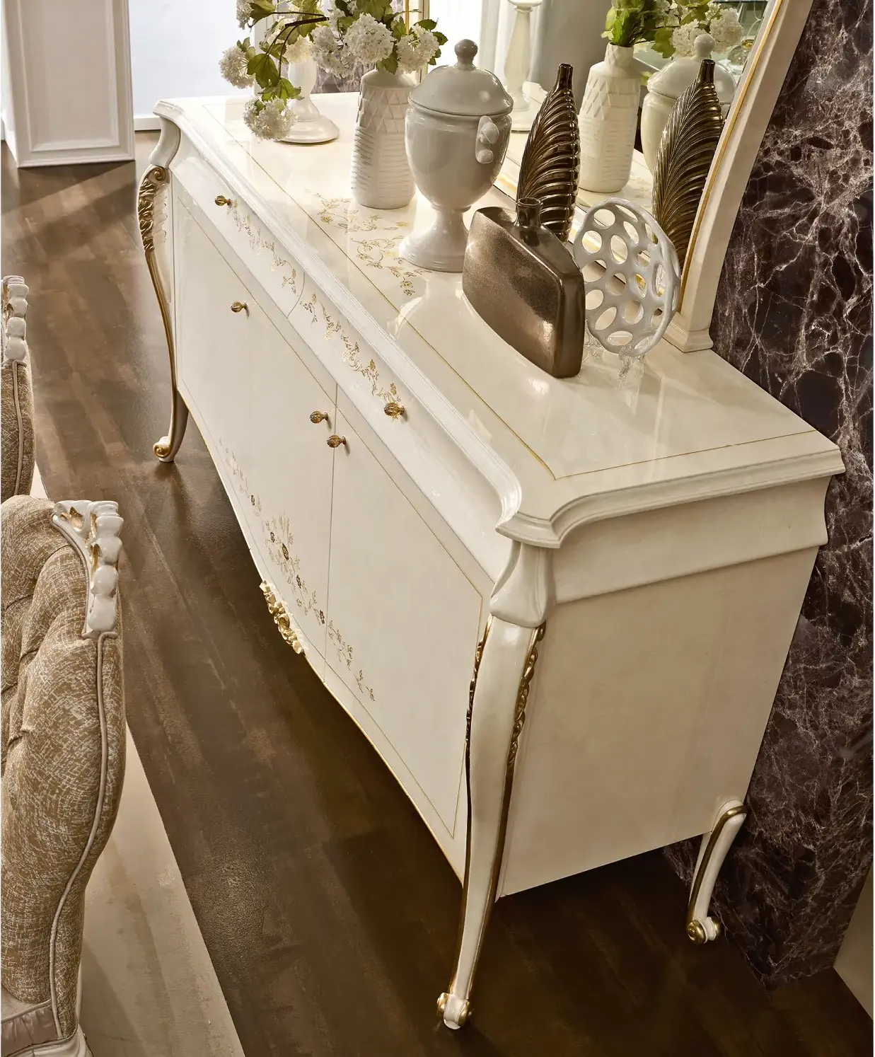 Italian Ivory Sideboard ☞ Configuration: With Mirror