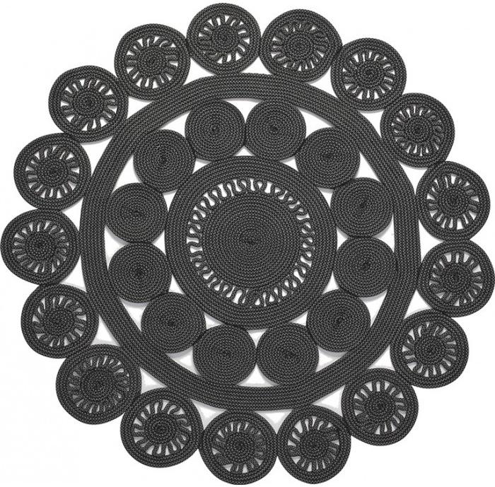 Braided Black / Grey Round Rug ☞ Size: Ø 120 cm