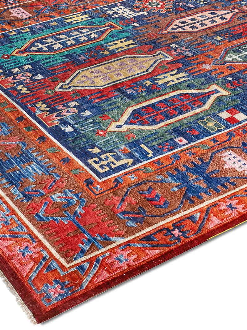 Flatweave Blue / Red Hand-Woven Rug ☞ Size: 305 x 427 cm