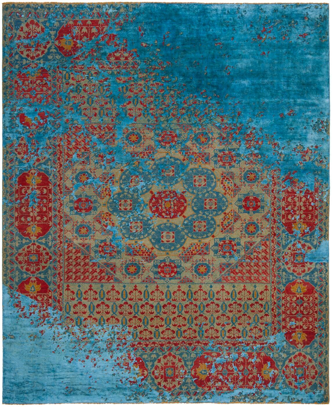 Turquoise Red Hand Knotted Wool & Silk Rug