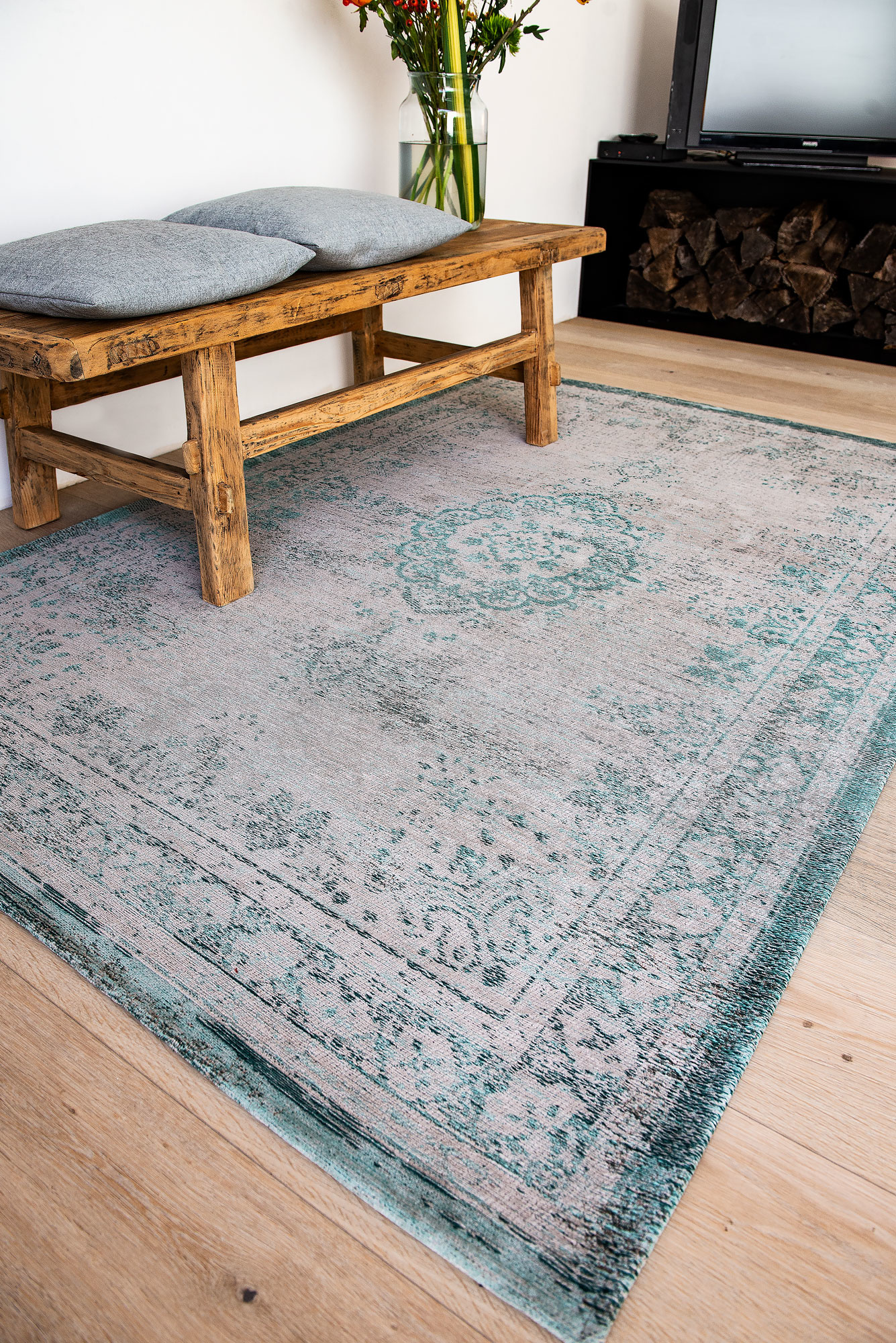 Medallion Turquoise Flatwoven Rug ☞ Size: 9' 2" x 13' (280 x 390 cm)