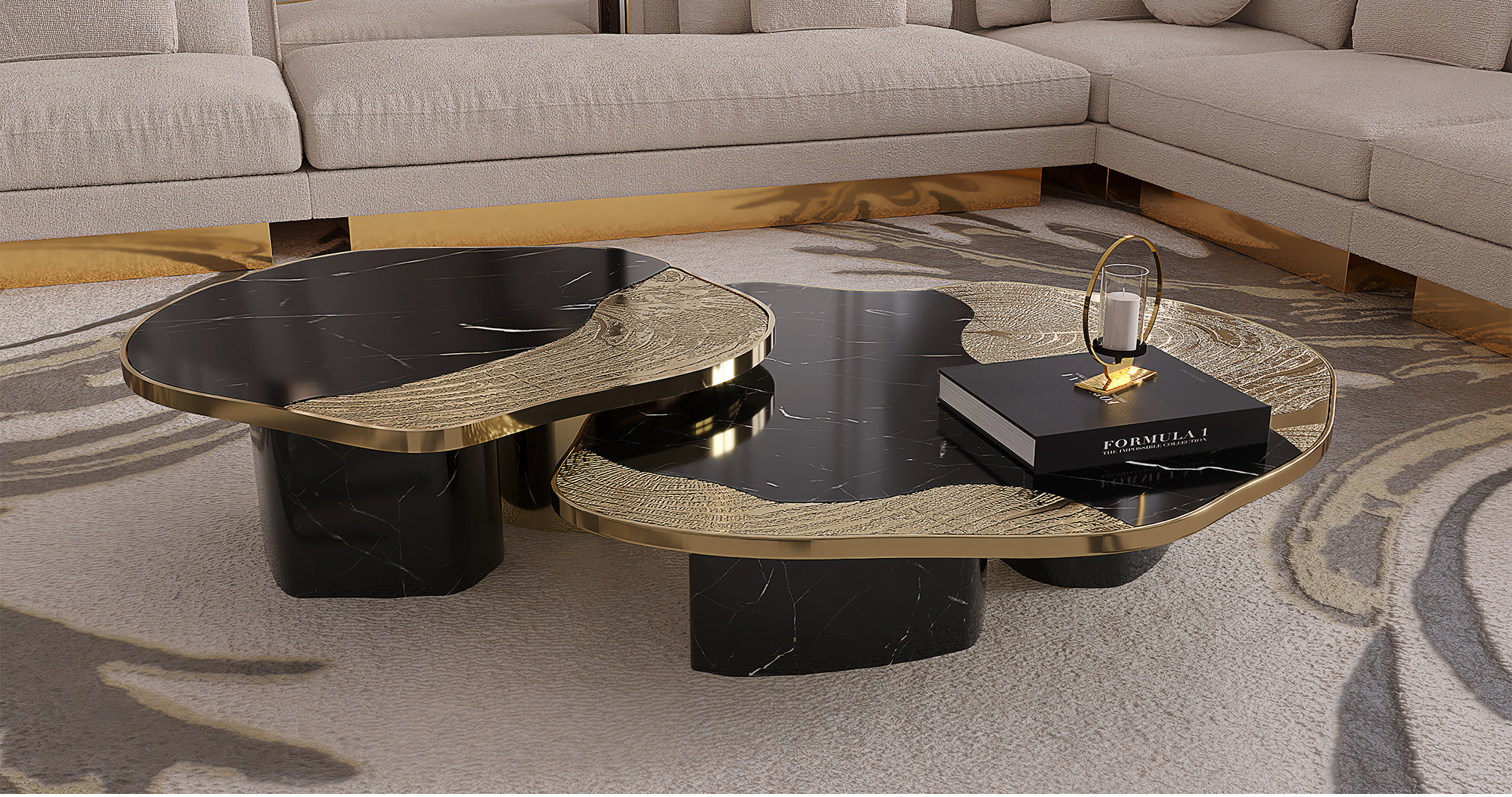 Athena Nero Marble & Gold Table Set