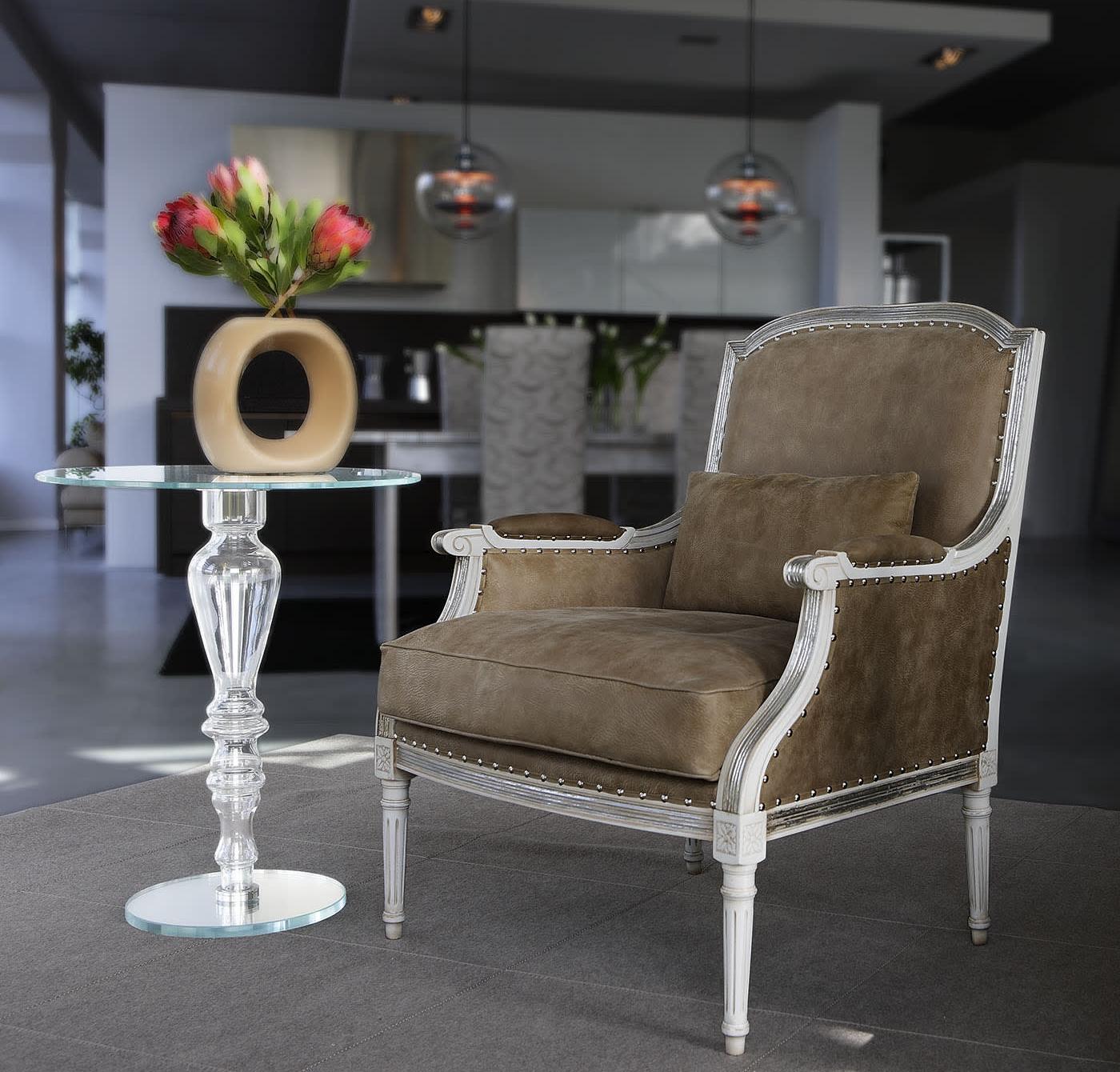 Upholstered Armchair in Gray Leather