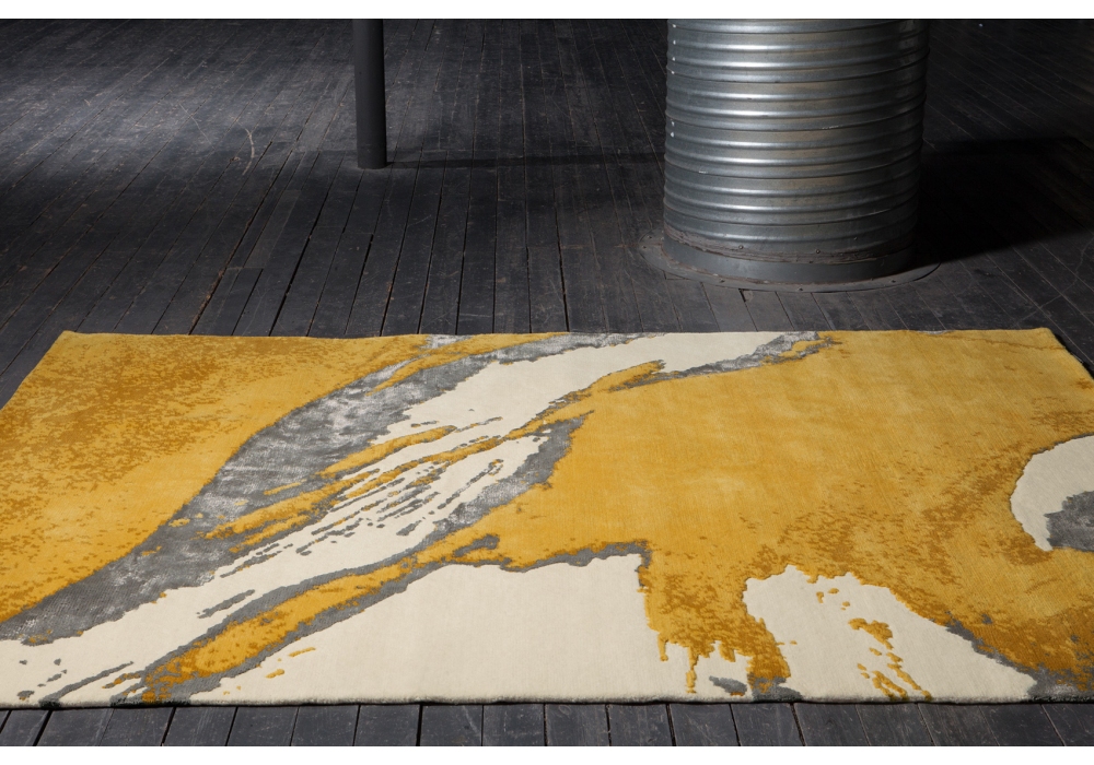 Abstract Yellow Wool / Viscose Hand-Knotted Rug