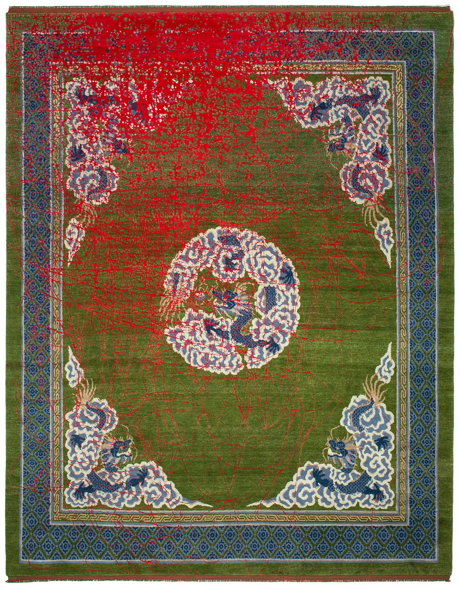 Dragon Hand-Knotted Green / Red Rug