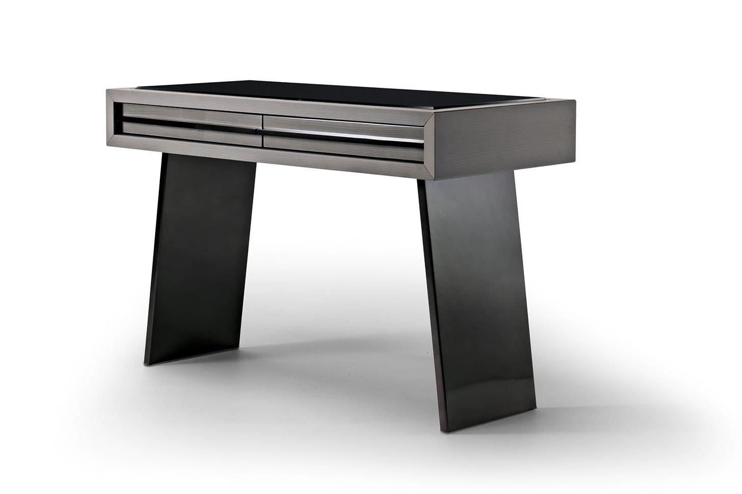 Textured Elegance Desk with Black Glass Top and Metal Legs