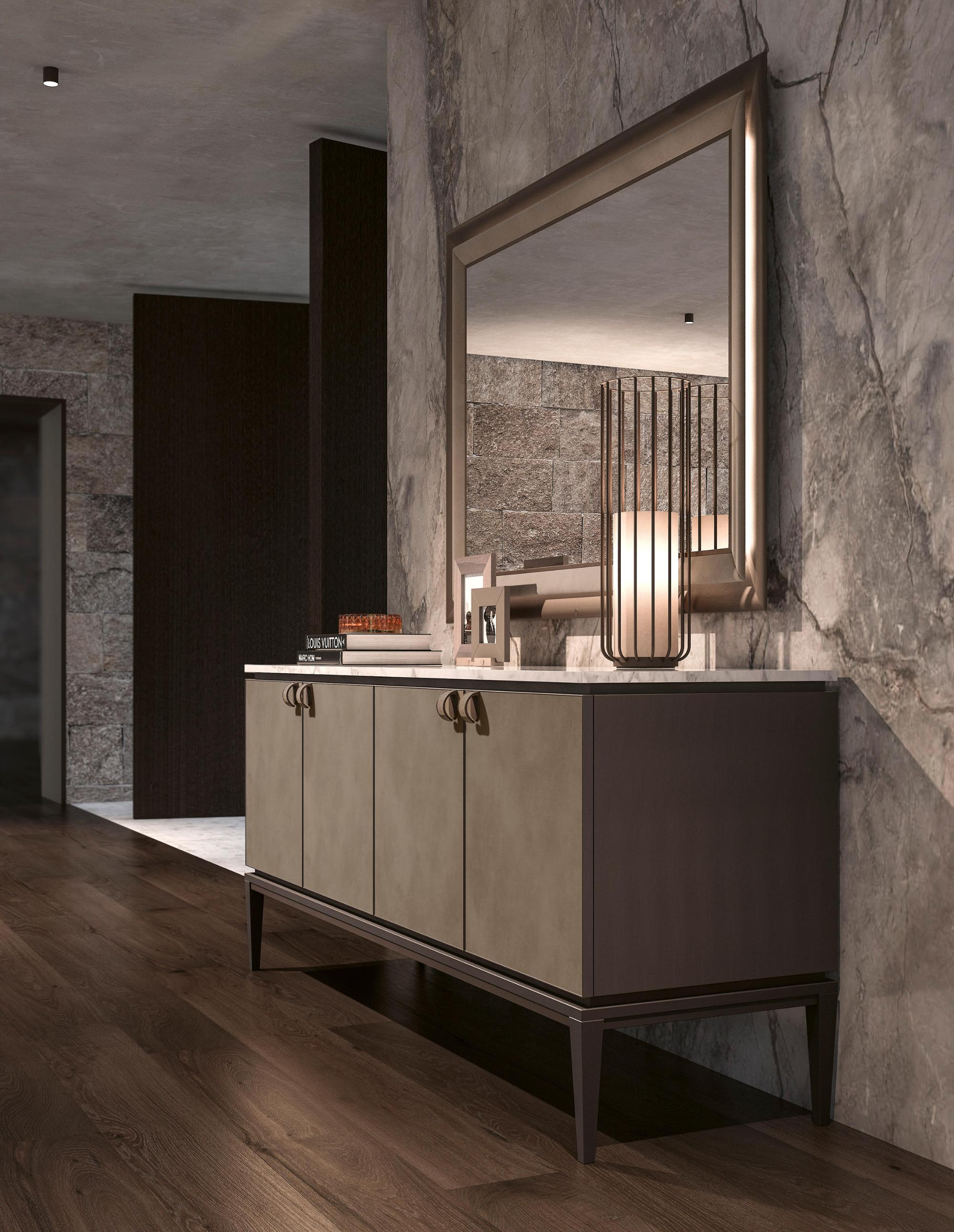 Sideboard With Marble Top And Leather Doors