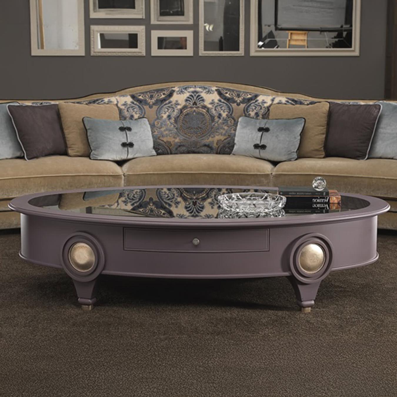 Low Oval Coffee Table with Smoked Mirror Top