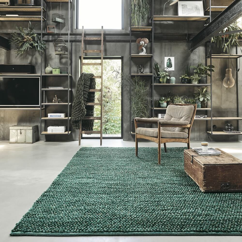 Handwoven Green Wool / Jute Rug