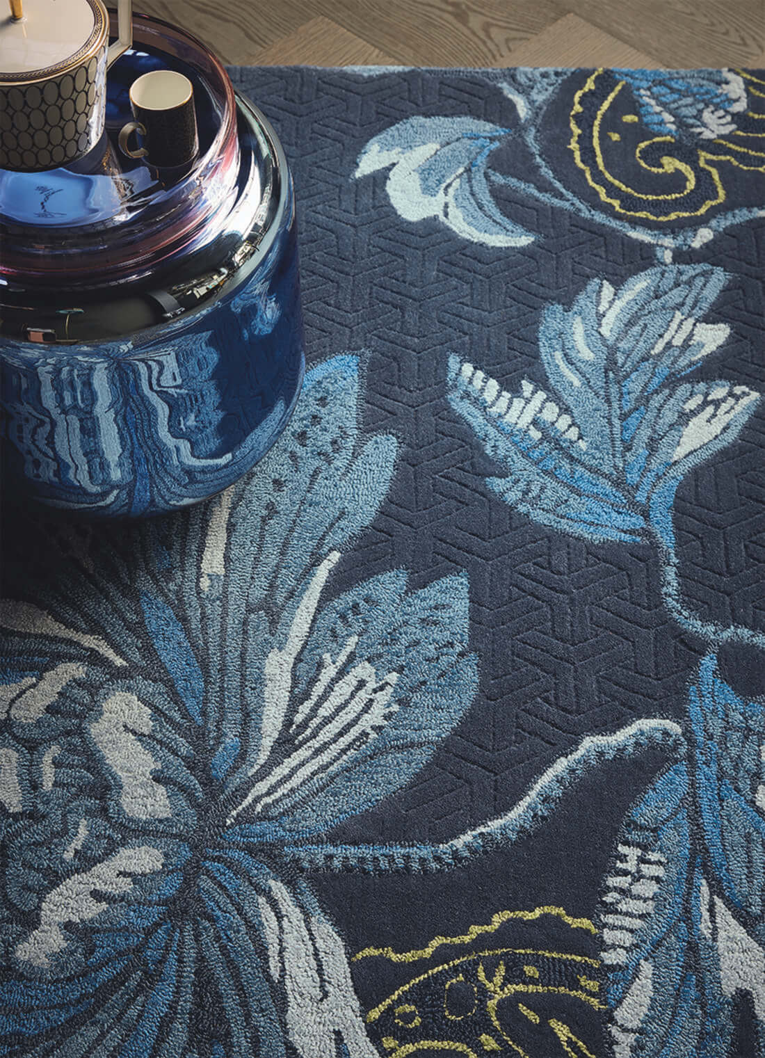 Floral Blue Wool & Viscose Rug ☞ Size: 8' 2" x 11' 6" (250 x 350 cm)