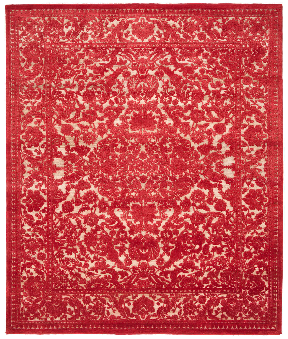 Medallion Hand-Knotted Embossed Red Rug