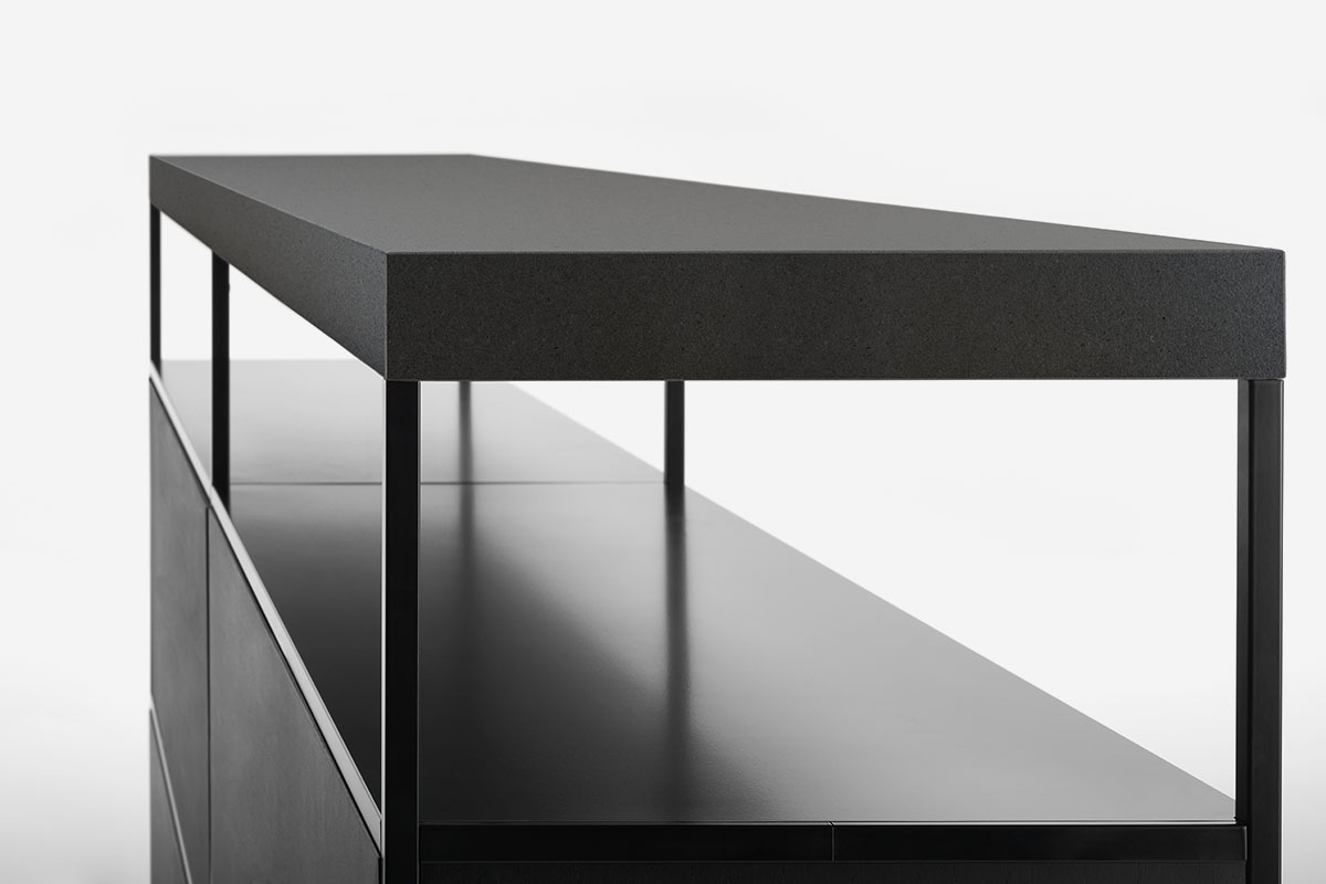 Minima Italian Sideboard ☞ Structure: Matt Painted Shadow Grey ☞ Configuration: SB-1 (Height 64 cm) ☞ Top: Reconstructed Stone Black Slate X132