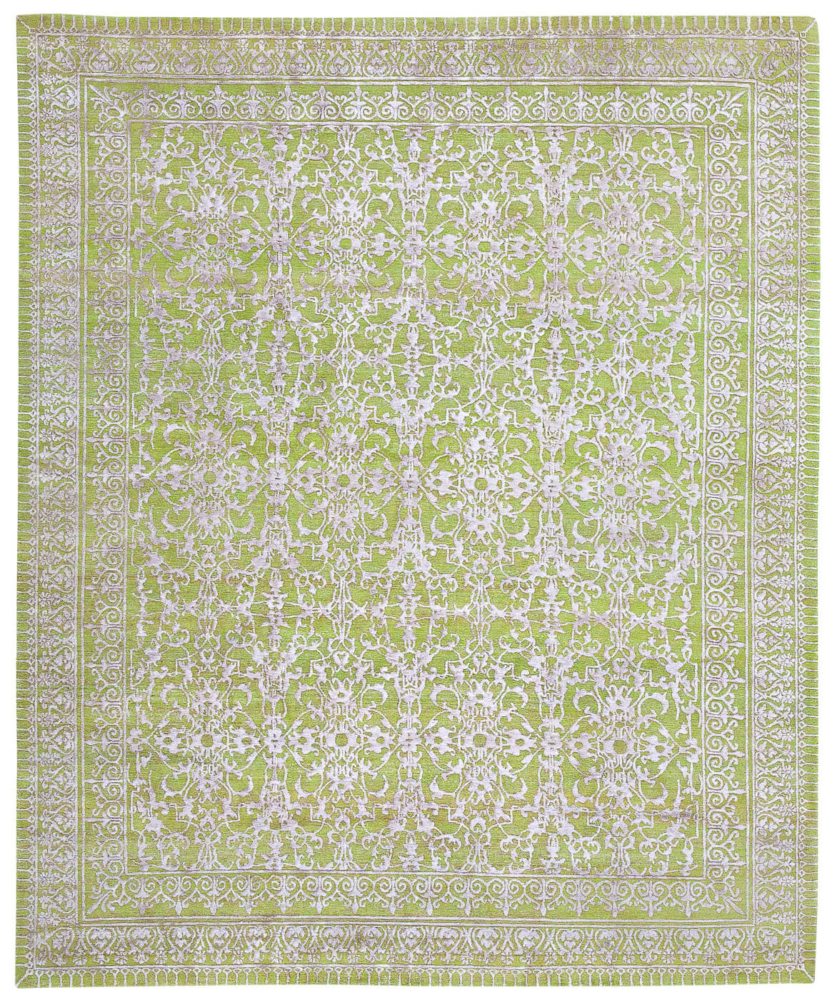 Hand-Knotted Wool & Silk Green Rug