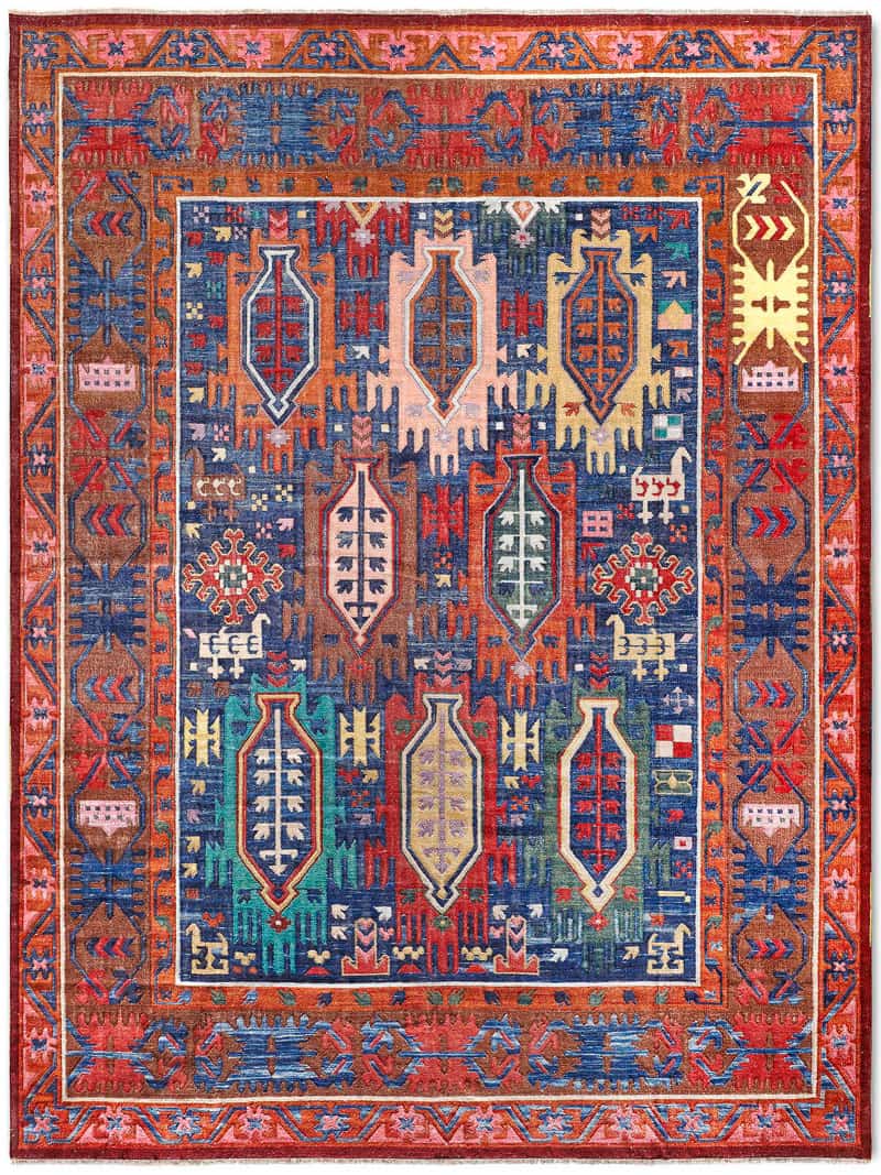 Flatweave Blue / Red Hand-Woven Rug ☞ Size: 122 x 183 cm