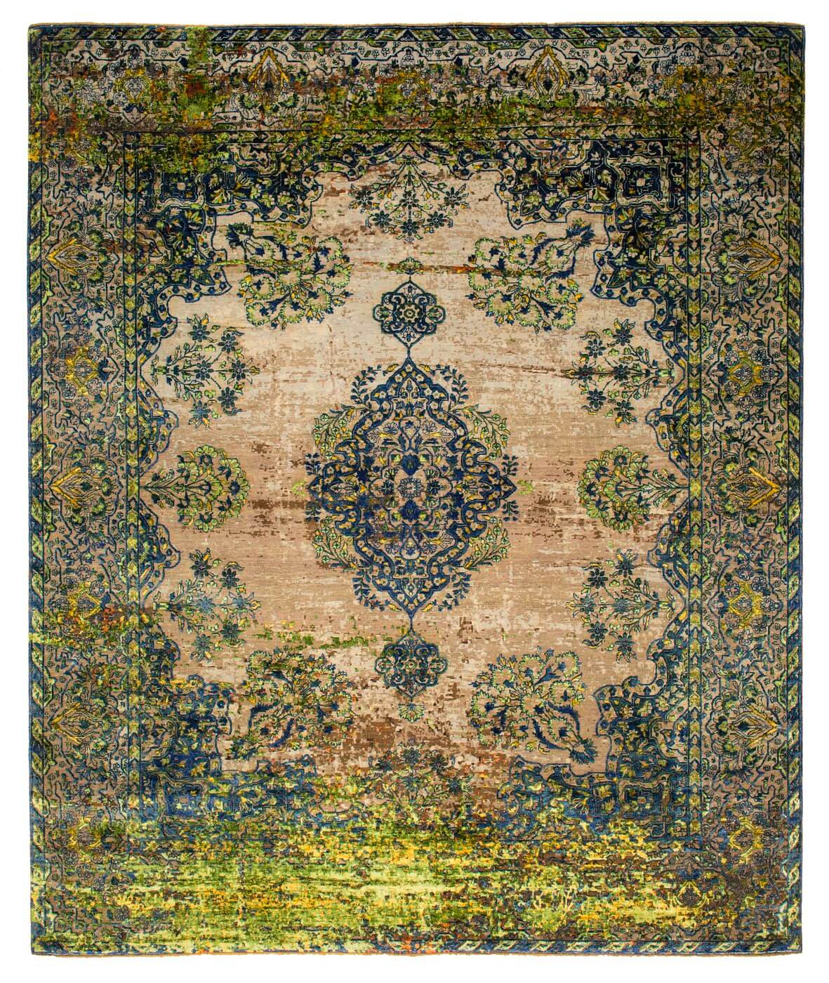 Green Hand Knotted Wool & Silk Rug