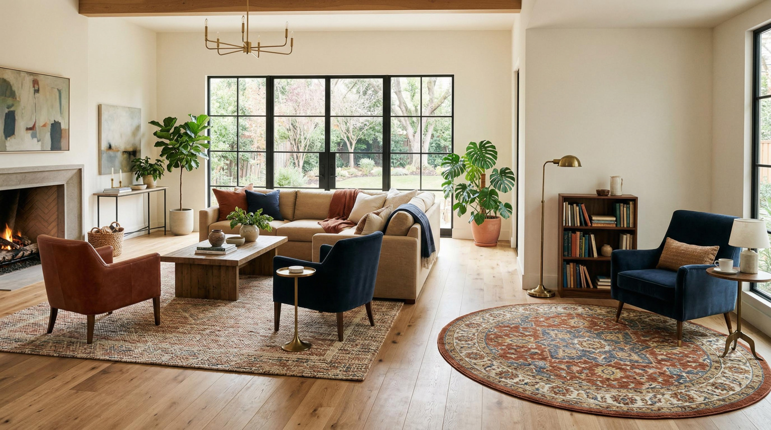 Coordinated rugs in complementary neutral tones placed in a spacious living room