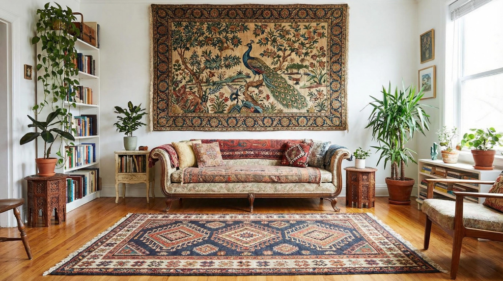 Living room with a tapestry on the wall above a patterned rug