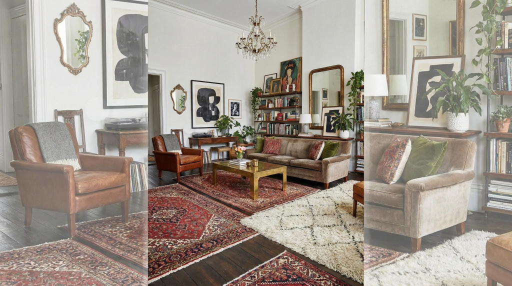 Eclectic living room with layered rugs