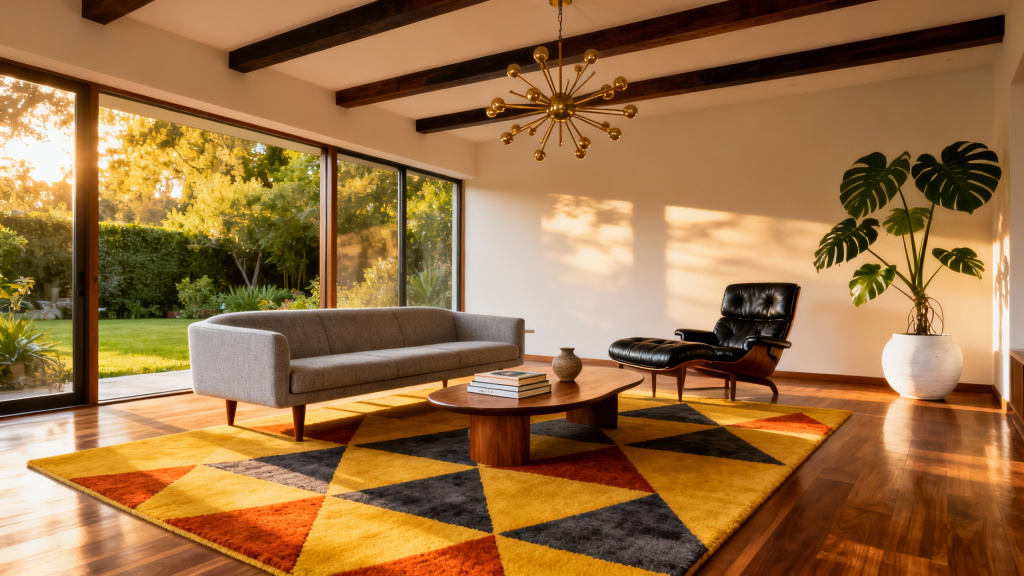 A mid-century modern living room anchored by a geometric rug