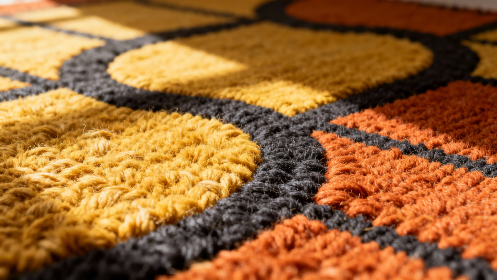 A close-up of textured wool fibres in a mid-century modern rug design.