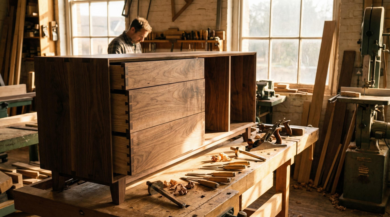 Master cabinet-maker's workshop showing a partially completed solid walnut sideboard, with hand-cut dovetail joints visible, fine chisels and marking gauges on the bench surface, and warm directional light revealing the depth of the timber grain