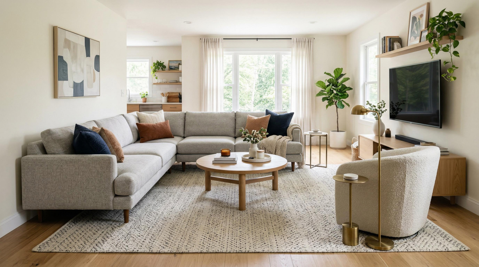 Modern living room layout showing correct rug size and sectional placement