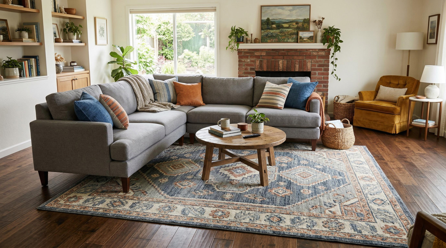 Living room with sectional sofa positioned with front legs on a large area rug