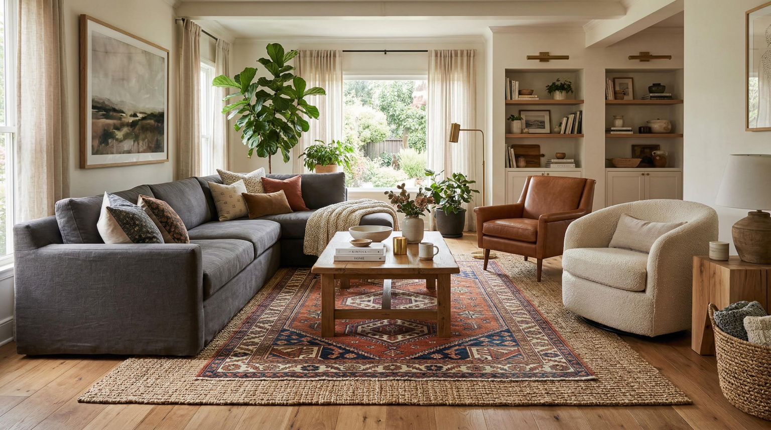 Spacious living room showing proper spacing between two area rugs
