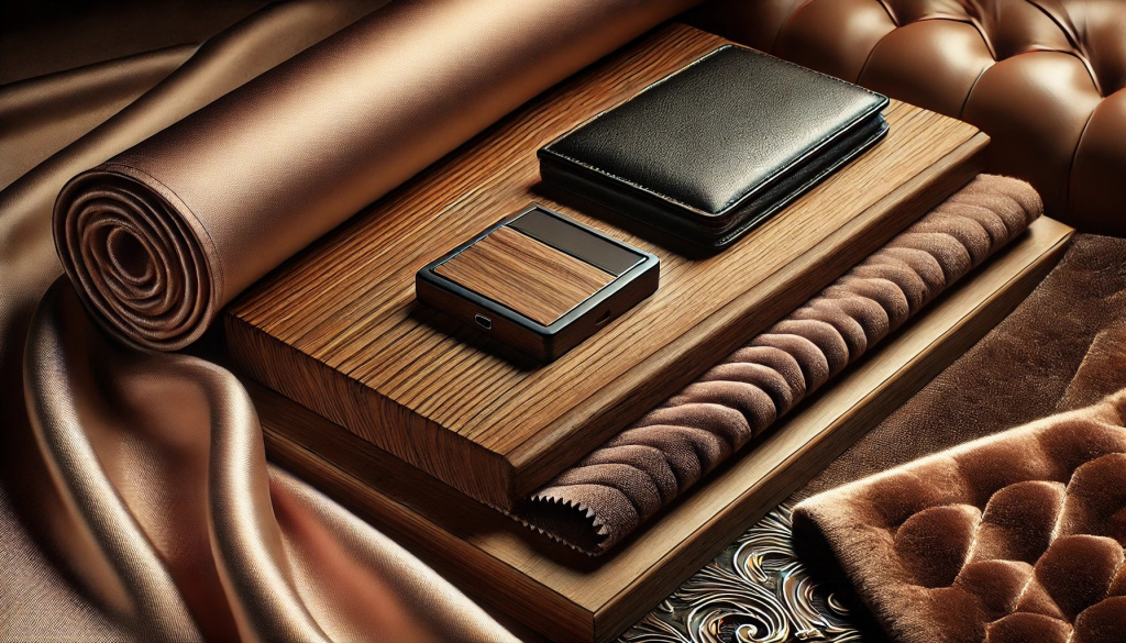 Close-up of Italian furniture materials like wood and leather